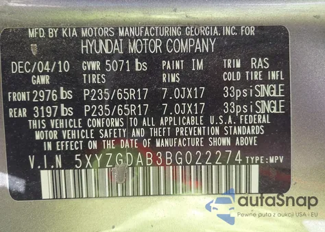 2011 Hyundai Santa Fe Gls from USA, damaged, VIN 5XYZGDAB3BG022274